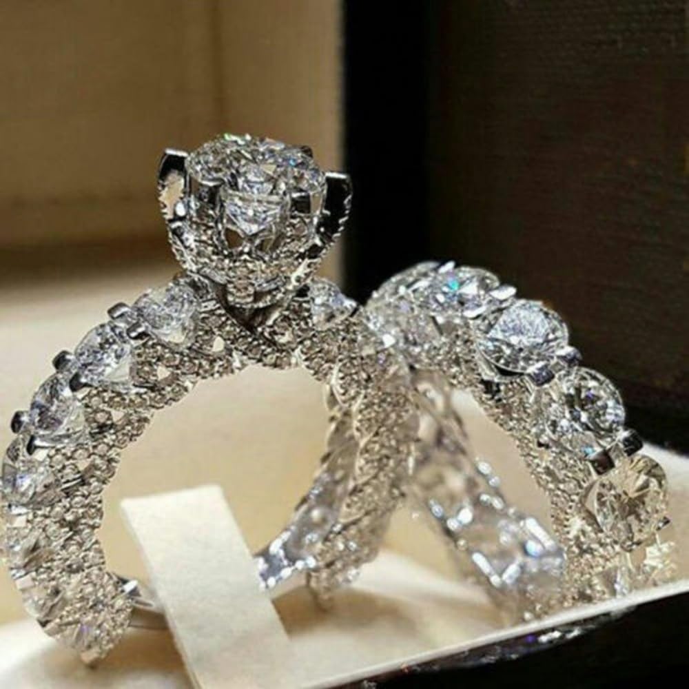2pcs Classic Gold Plated 6 Prong Inlaid Cubic Zirconia Engagement Rings Engageme