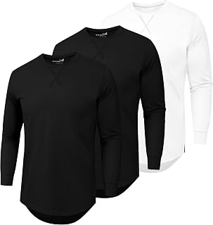 Mens 3 Pack Plain Cotton Shirts Short Sleeve Casual Crew Neck T-Shirts Hipster Hip Hop Longline Tees Drop Cut Curved Hem