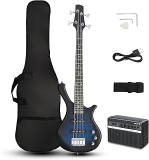 Ktaxon 36 Inch Bass Guitar 4 String Electric Bass Guitar (Full-Blue) | Dual Connectivity & Portable Power 15W Amp, Excellent Tone, Exquisite Craftsmanship and Ergonomic Body Design for Beginner