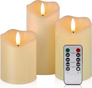 VIEWELLD Set of 3 Flickering Flameless Candles with Remote and Timer, Realistic LED Battery Operated Candles for Christmas Decoration, Home, Wedding, Anniversary, Real Wax