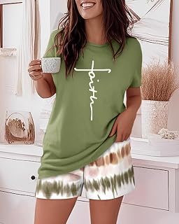 Women's Tie Dye Short Sleeve Letter Print T-Shirt and Pocket Shorts Two Piece Outfit Cute Comfortable Stretchy Daily Nightwear Outfits