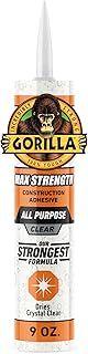 Gorilla Max Strength Construction Adhesive, Clear, 9 oz Cartridge | Waterproof Gap-Filling Formula, Paintable & Sandable, Indoor and Outdoor Use, Works on Wood, Metal, Tile, Stone,& More