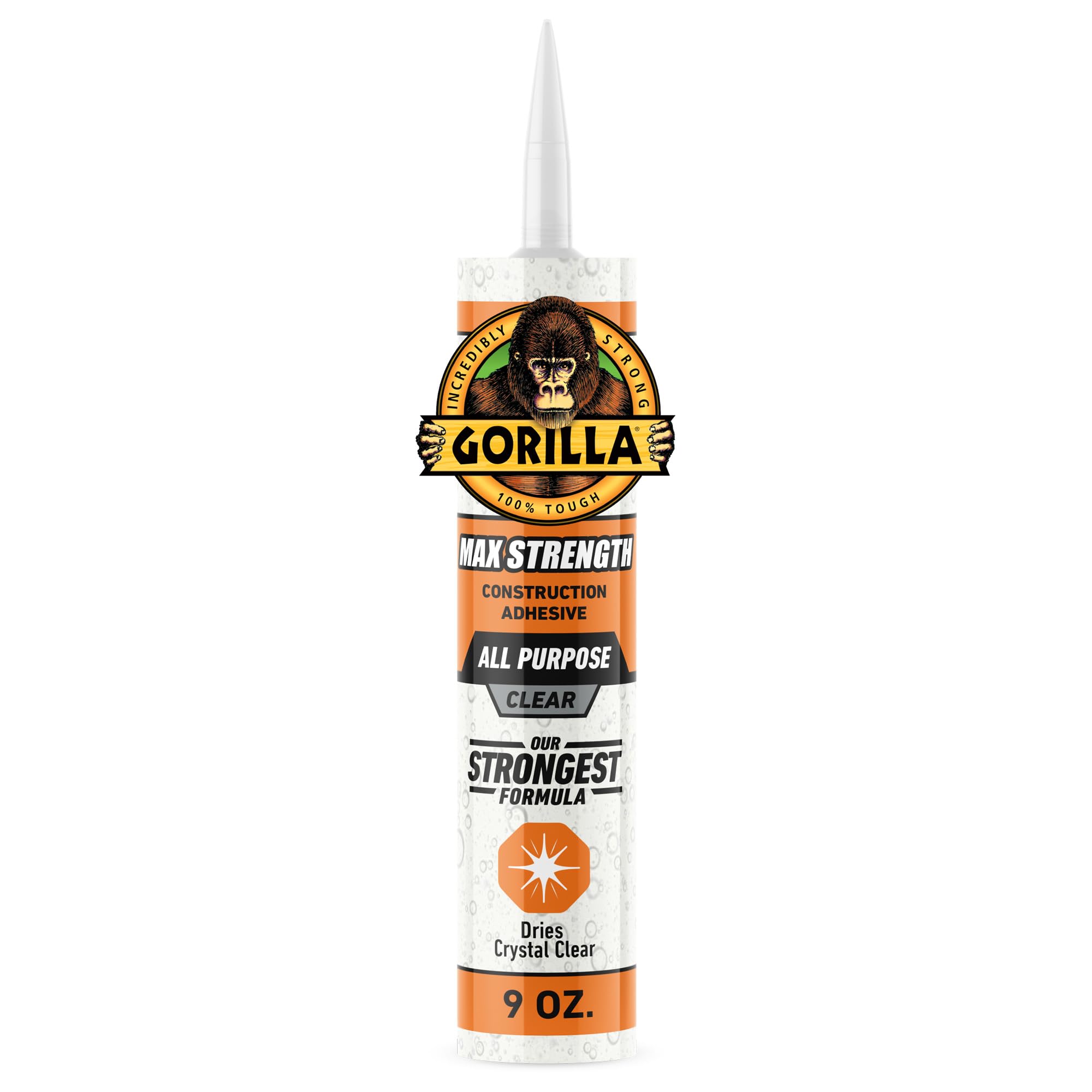 Gorilla Max Strength Construction Adhesive, Clear, 9 oz Cartridge | Waterproof G