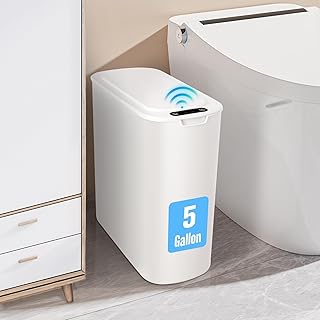 Cesun 5 Gallon Automatic Bathroom Trash Can with Lid, White, Touchless | Motion Sensor, Slim, Small Smart Garbage Bin, Plastic, Manual Button, for Office/RV/Bedroom/Living Room