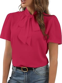 Rooscier Women Bow Tie Knot Stand Collar Short Sleeve Elegant Workwear Blouse Shirt Top