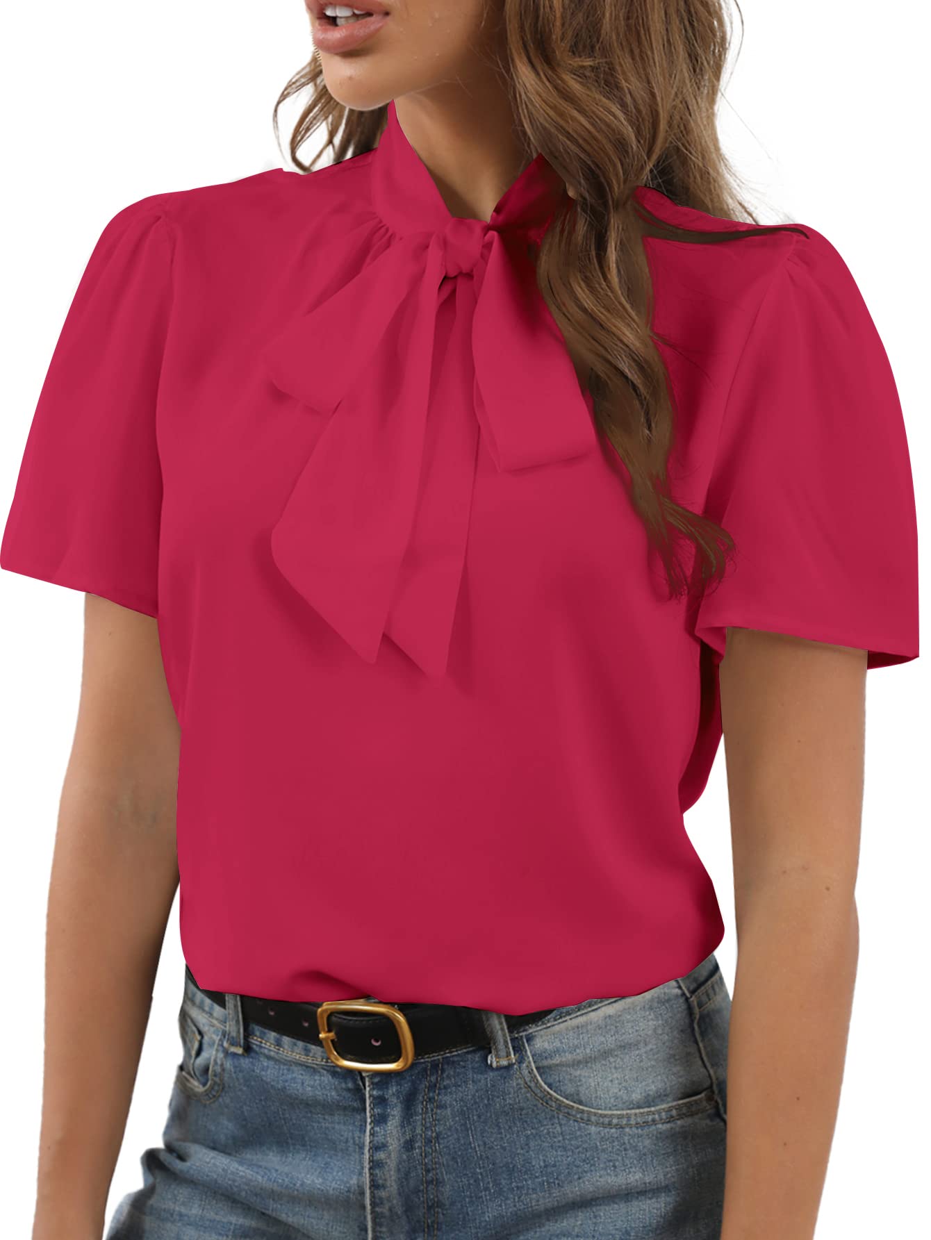 Rooscier Women Bow Tie Knot Stand Collar Short Sleeve Elegant Workwear Blouse Sh