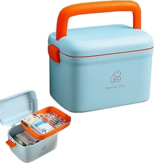 FOREVERIE Airtight Portable Small Medicine Storage Box with an Internal 2 Grid Tray, Family Essential Handled Empty Car First Aid Box, Household Emergency Box (Blue-Orange)