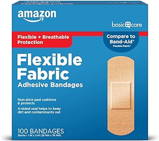 Amazon Basic Care Flexible Fabric Adhesive Bandages, First Aid for Wounds and Scrapes, Breathable with Non-Stick Pad, Latex Free, 100 Count