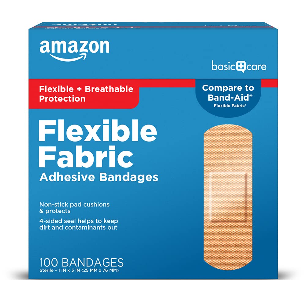 Amazon Basic Care Flexible Fabric Adhesive Bandages, First Aid for Wounds and Sc