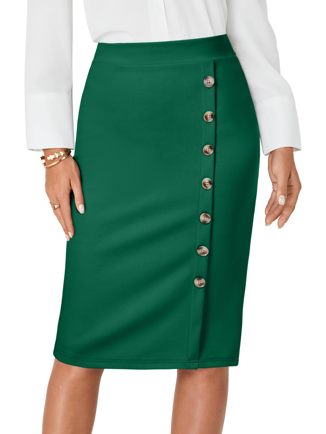LYANER Women's Basic High Waist Pencil Bodycon Button Knee Length Straight Offic