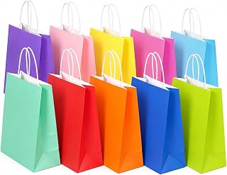 SHUBEIEUMI 10Pcs Kraft Paper Bags with Handles-Colourful | Paper Party Bags 21x15x8cm Small Colourful Paper Gift Bags, Kraft Bags for Present, Candy, Cookie, Celebrations, Birthday