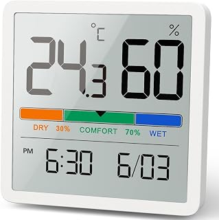 NOKLEAD Indoor Digital Thermometer Hygrometer : 3.3″ LCD Screen/Time and Date / 3 Humidity Levels/Magnetic Hanging/Desktop Stand, Accurate Temperature Gauge Humidity Monitor for Home Room