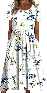 Summer Dresses for Women 2026 Casual Round Neck Short Sleeve Print Boho T Shirt Dress with Pockets