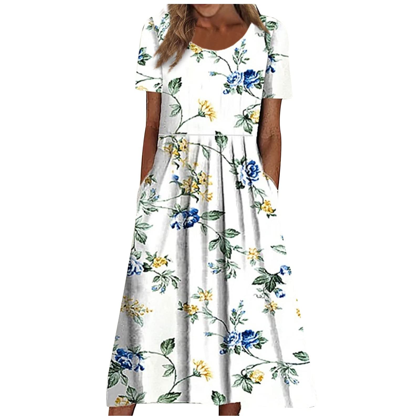 Summer Dresses for Women 2026 Casual Round Neck Short Sleeve Print Boho T Shirt 