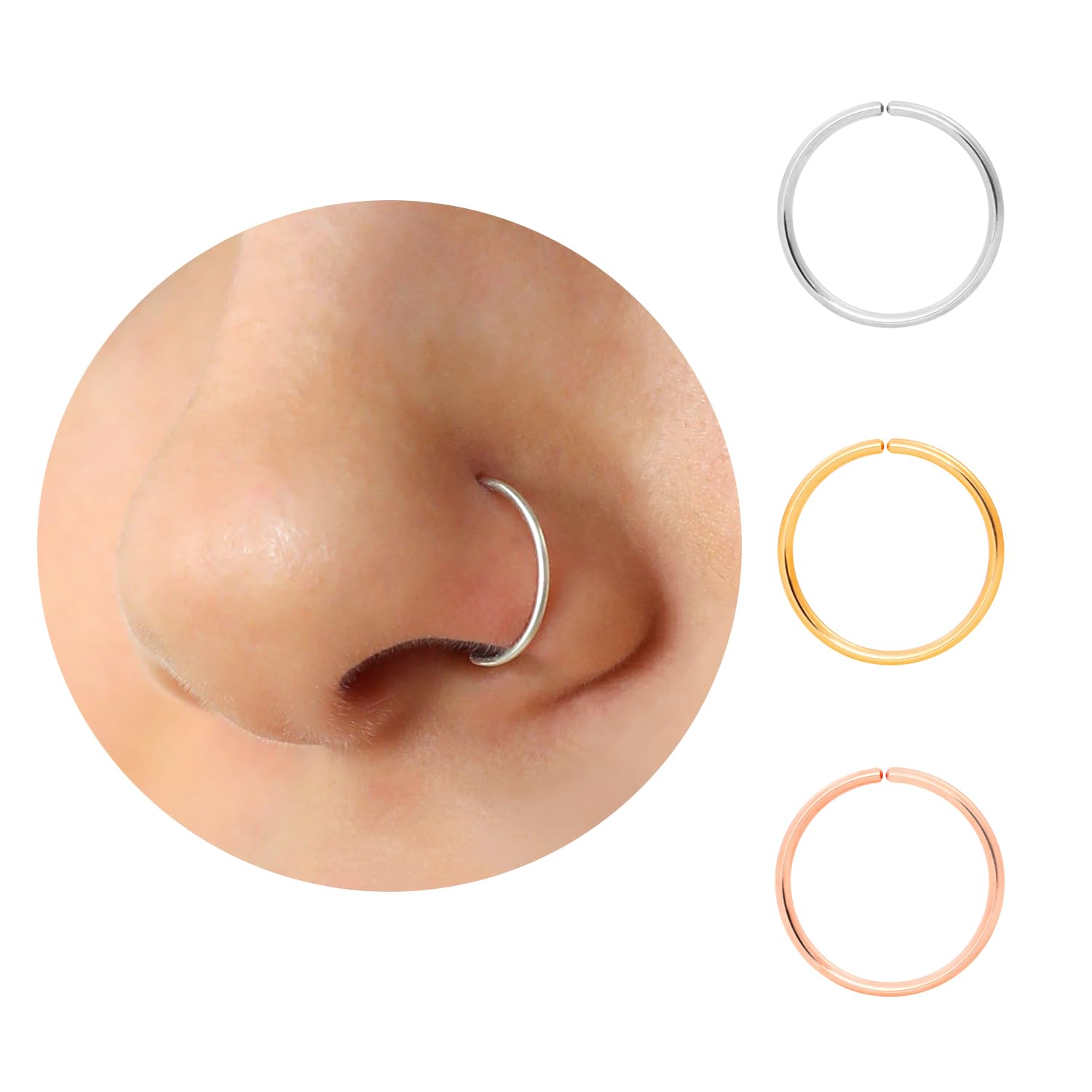 Small Thin Gold or Sterling Silver Nose Ring Hoops for Women, 22g/24g/20g Tiny N