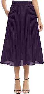 EXCHIC Women's Casual Chiffon Elastic Waist Pleated Midi Skirt with Pocket