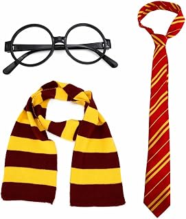 Wizard Costume Accessories Set 3 Pcs, Halloween Costume Adult | with Stripe Tie & Scarf And Black Round Glasses, Fancy Dress Outfits For Magic Theam Party Masquerade School Cosplay