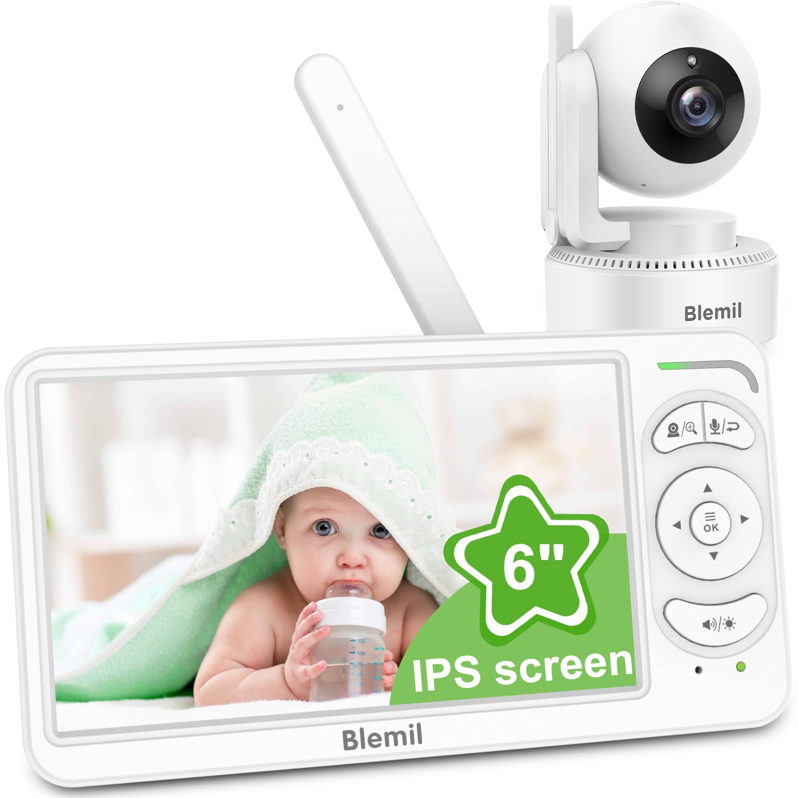 Blemil Baby Monitor with Camera, 6'' IPS Screen Baby Camera Monitor No WiFi | 30