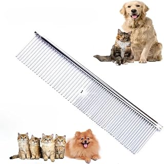Stainless Steel Pet Grooming Comb - Dog and Cat Dematting Tool with Rounded Teeth for Tangles, Mats, Shedding - Safe for Long or Short Haired Animals