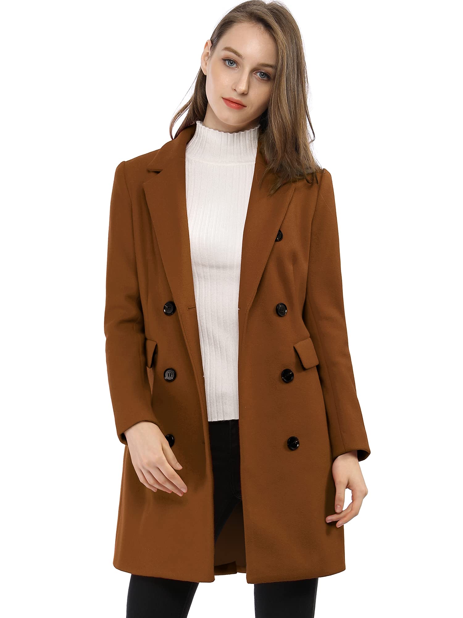 Allegra K Women's Long Sleeve Turn-Down Collar Double-Breasted Brushed Yarn Tren