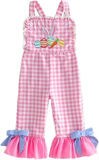 Toddler Baby Girl Easter Outfit Bunny Overalls Plaid Ruffle Bell-Bottom Overall Pants One Piece Romper Casual