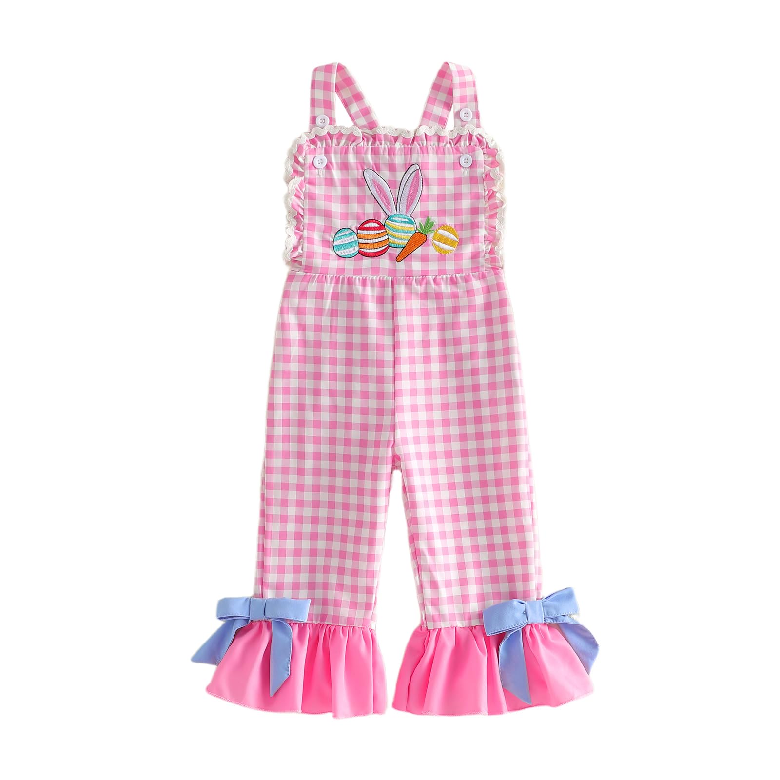 Toddler Baby Girl Easter Outfit Bunny Overalls Plaid Ruffle Bell-Bottom Overall 