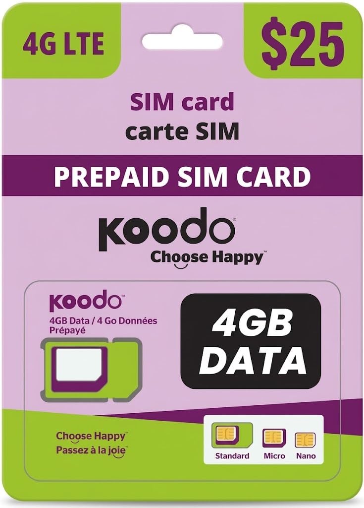 Koodo Mobile 4G LTE Prepaid 25$ SIM Card Starter Kit - Unlimited Talk Canada + 4