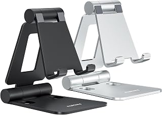 Nulaxy 2 Pack Aluminum Dual Folding Cell Phone Stand for Desk, Black&Silver | Height Angle Adjustable, Portable Phone Holder Fits 18mm Thick Case, Anti-Slip Base, Smartphone Desktop Essential Accessory