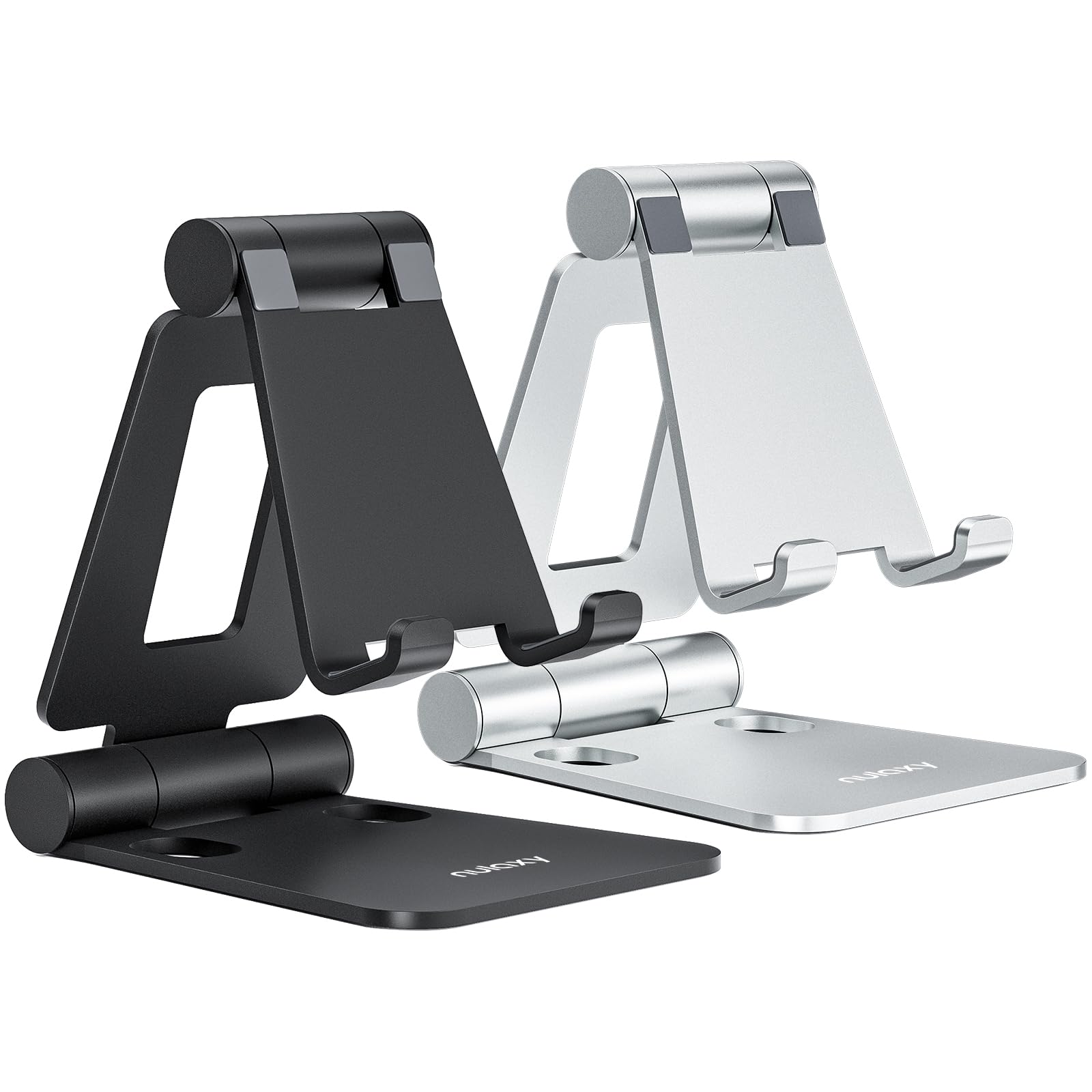 Nulaxy 2 Pack Aluminum Dual Folding Cell Phone Stand for Desk, Black&Silver | He