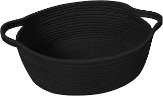 HONCESTA Small Woven Gift Basket, Baskets for Gifts Empty, Cotton Rope Cat Dog Toy Bin Box, Nursery Baby Organizer, Wicker Easter Basket with Handle, Shelf Storage Bin for Decor, Black, 12"x 8"x 5"