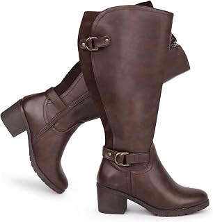 Ladies Riding Boots Wide Calf Knee High Block Heel Double Buckle Decor