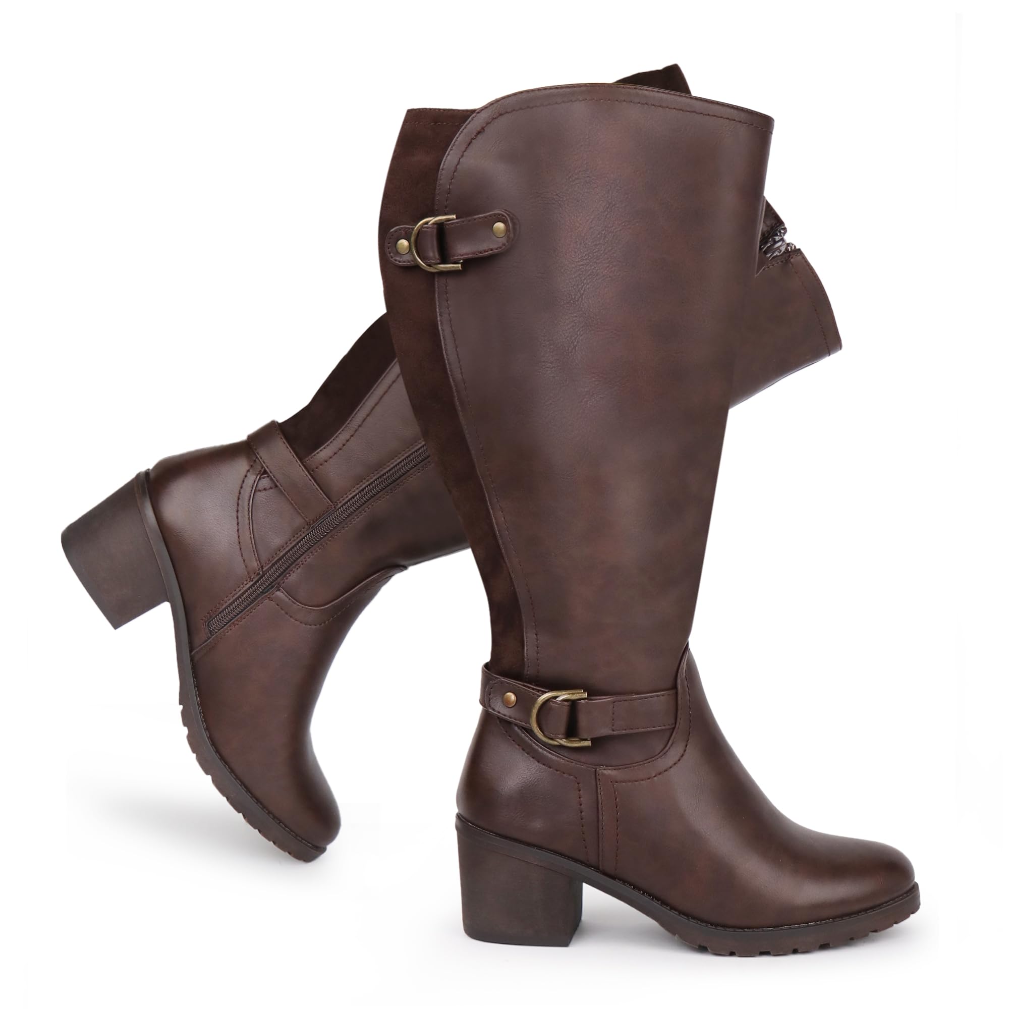 Ladies Riding Boots Wide Calf Knee High Block Heel Double Buckle Decor