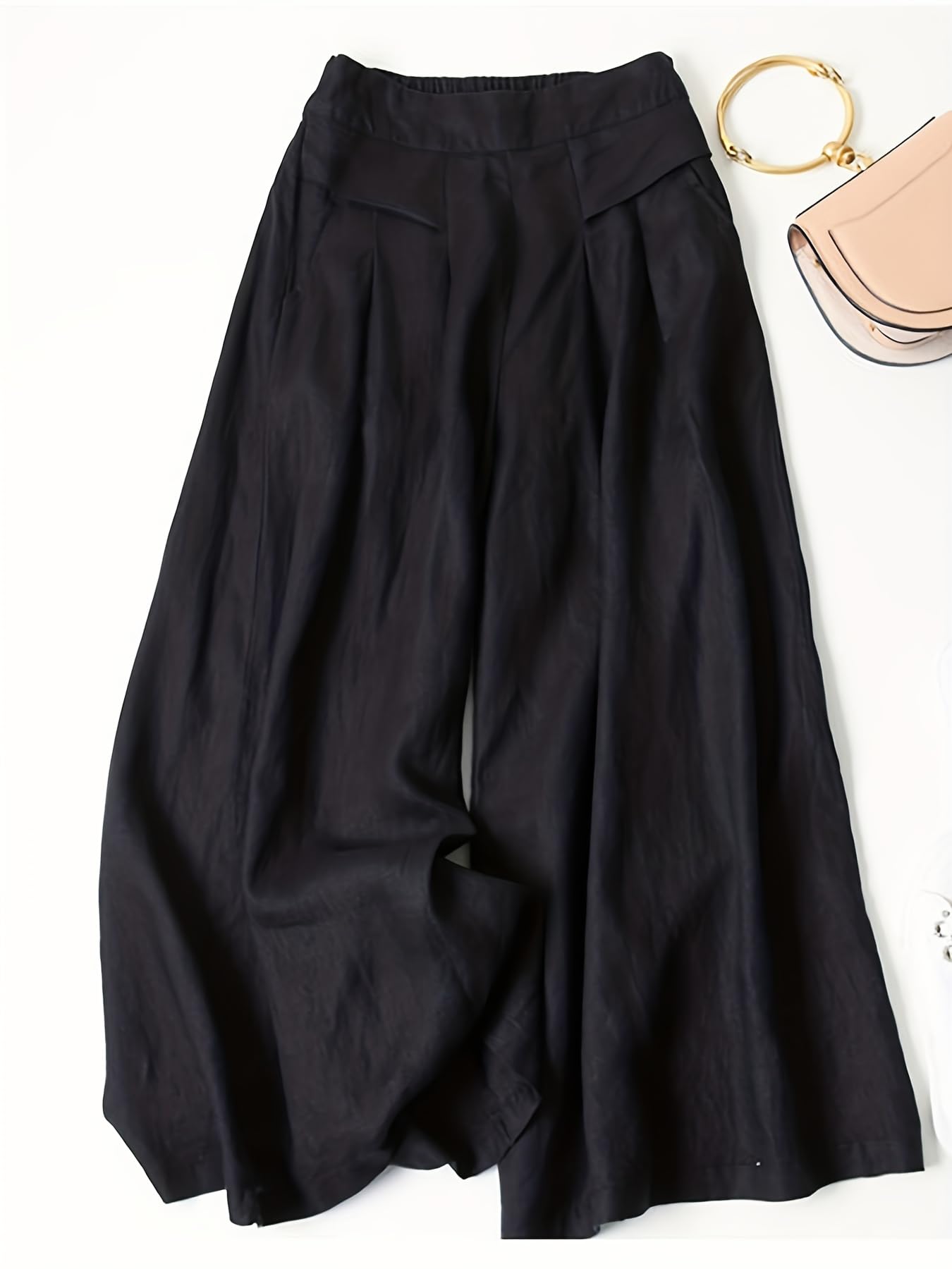 Women Cotton Linen Wide Leg Pants, Casual Elastic Waist Drawstring, Loose Fit, F