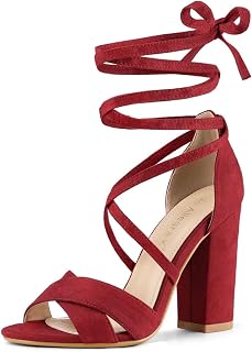Allegra K Women Faux Suede Cushioned Open Toe Block Heeled Lace Up Sandals