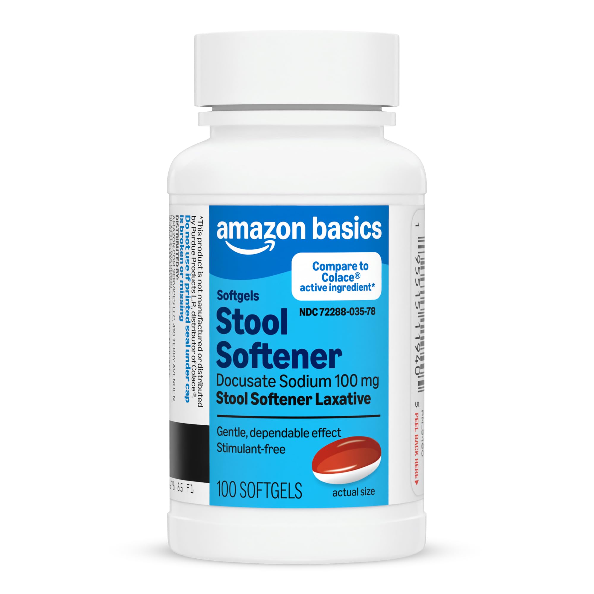 Amazon Basics Stool Softener Laxative, Docusate Sodium 100 mg, Softgels, for Con