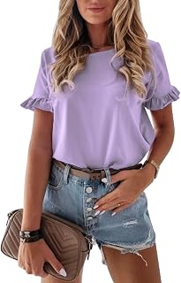 PRETTYGARDEN Women's Short Sleeve Casual T Shirts Summer Ruffle Plain Round Neck Loose Fit Tee Blouse Tops