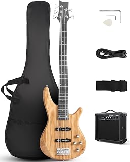 Ktaxon Electric Bass Guitar 5 String Bass Guitar Kit-Natural | Full Equipment with 20 Watt Amplifier | JB Type Pickup, Naturally Air-dried Maple Neck, Rosewood Fretboard & Basswood Body