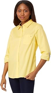 Tommy Hilfiger Women's Classic Long Sleeve Roll Tab Button Down Shirt (Standard and Plus Size) Roll Tab Dot Women (Pack of 1)