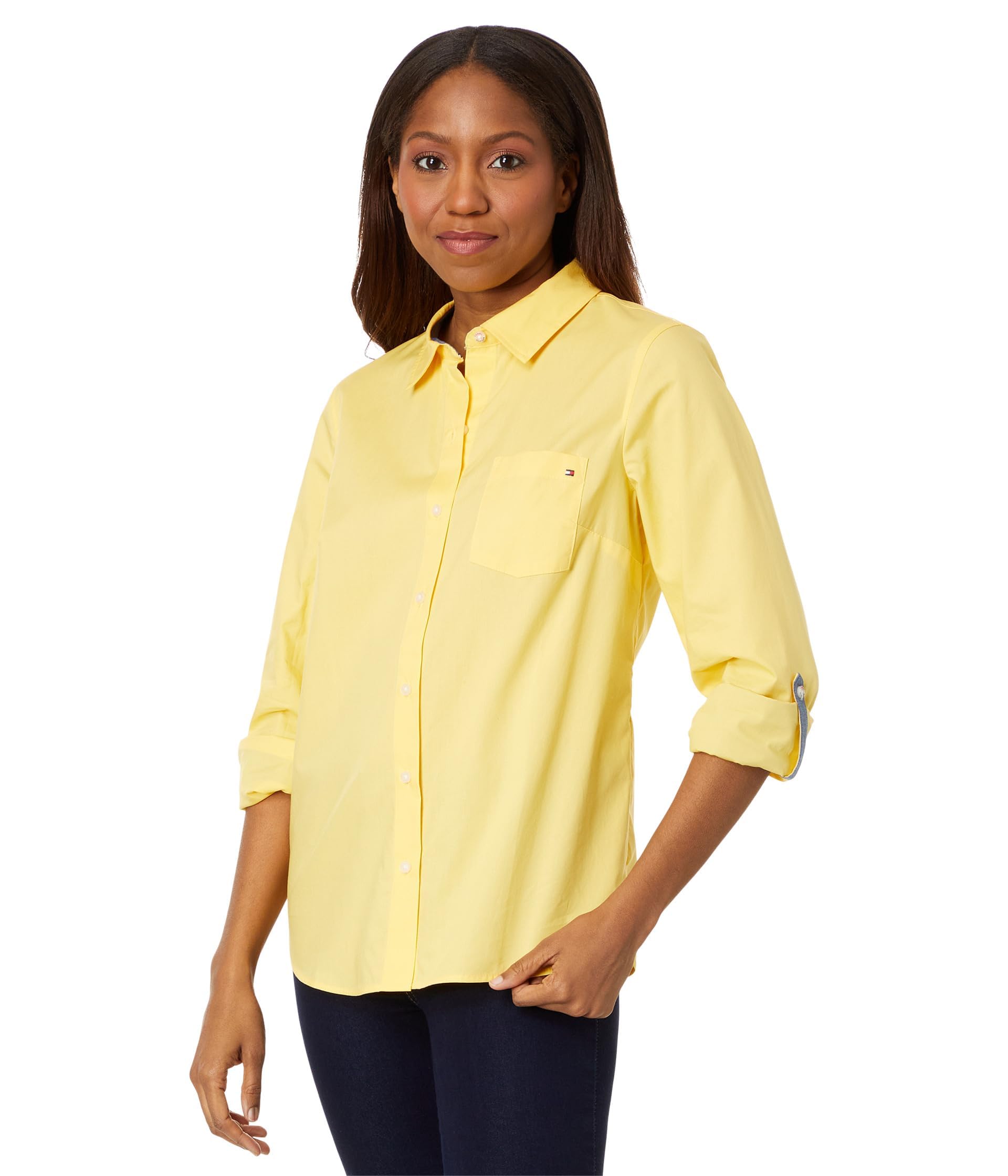Tommy Hilfiger Women's Classic Long Sleeve Roll Tab Button Down Shirt (Standard 