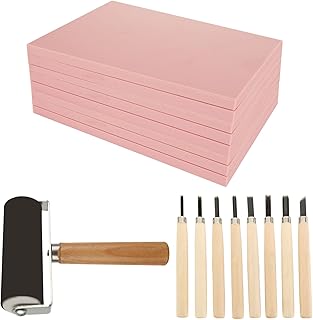 DIRBUY 10 Pack Rubber Stamp Making Kit - Block Printing Kit，Linoleum Carving Tools with 8 Type Blades, 8 Pcs Pink Rubber Carving Block and Rubber Brayer Roller