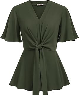 GRACE KARIN Women's Elegant V-Neck Tie Waist Flowy Peplum Shirt Tops