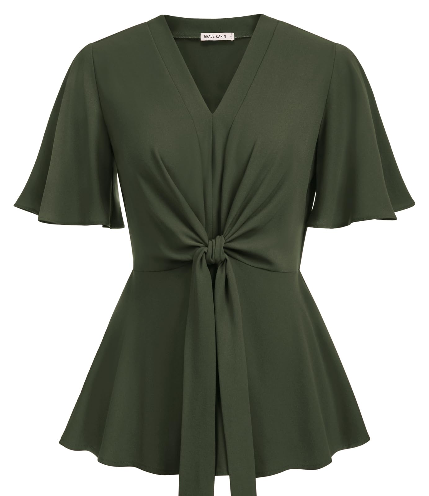 GRACE KARIN Women's Elegant V-Neck Tie Waist Flowy Peplum Shirt Tops