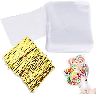 Augshy 300 Pcs Treat Cellophane bags Bags 3x5" with 300 Twist Ties - 1.4 mils Thickness OPP Plastic Bags for Lollipop Candy Cake Pop Chocolate Cookie Wrapping Buffet