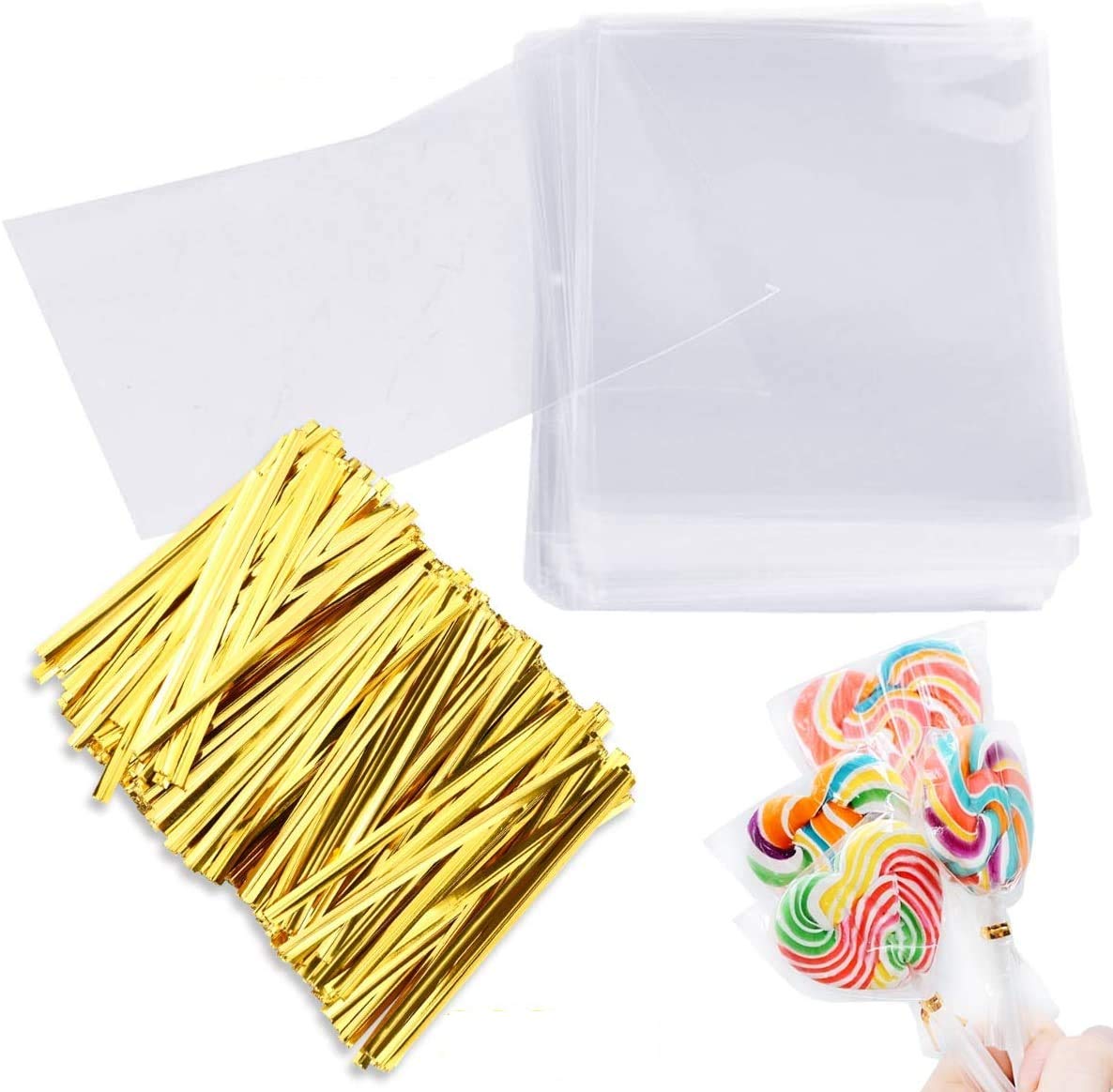 Augshy 300 Pcs Treat Cellophane bags Bags 3x5" with 300 Twist Ties - 1.4 mils Th