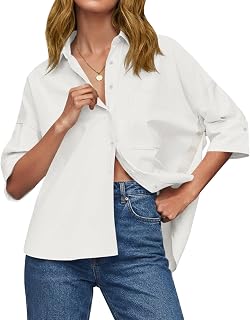 Cicy Bell Camicette estive da donna oversize con bottoni, mezza manica con scollo a V, casual, alte e basse, camicette larghe