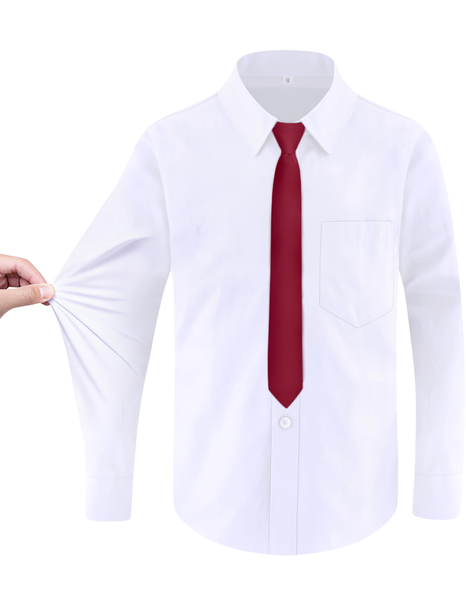 Boys Long Sleeve Button-Down Dress Shirts with Tie: 2 Fabrics (Stretch/Standard)
