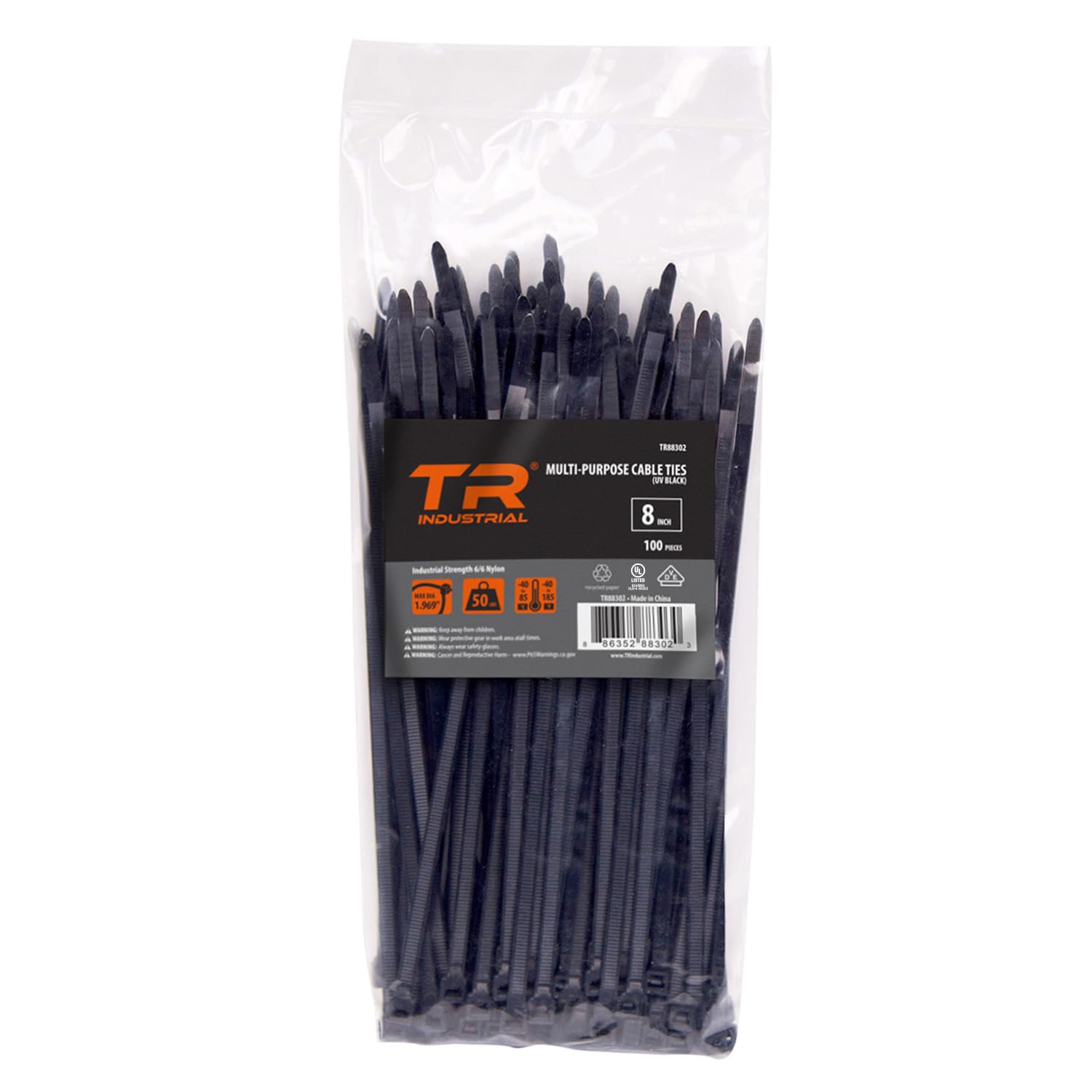 TR Industrial Multi-Purpose UV Resistant Black Cable Ties, 8 inches, 100 Pack