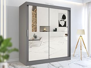 RAC3 Wardrobes for Bedroom with Mirrored Sliding Door & LED Light Premium Wardrobe Storage with Sleek Design comes in Colours Black/White/Grey/Oak- Different Sizes from 120cm - 250cm (Grey, 120cm)