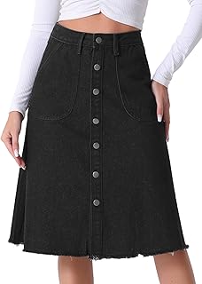 Allegra K - Denim skirts for women, raw hem, button down midi skirt