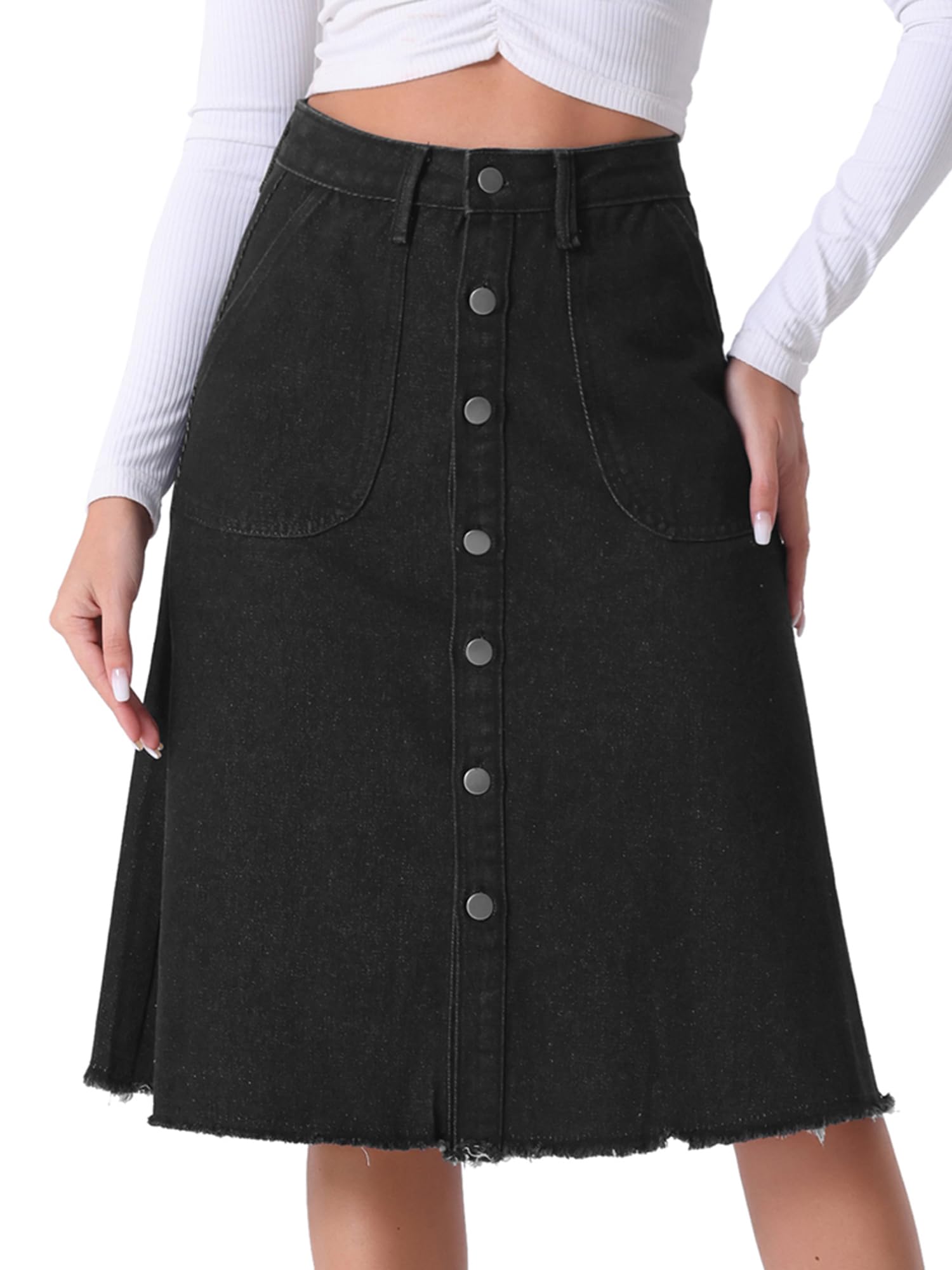 Allegra K - Denim skirts for women, raw hem, button down midi skirt